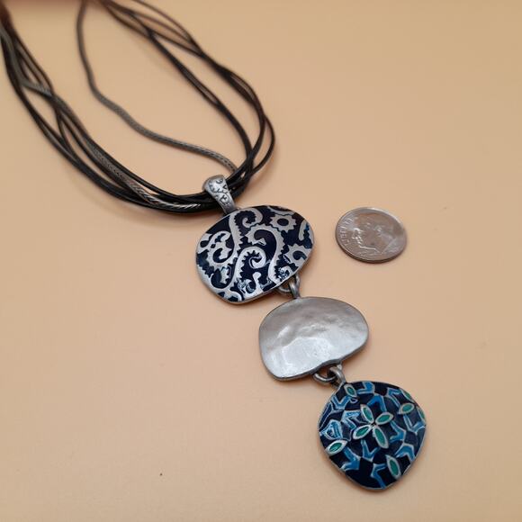 Chico's Blue Enamel Pendant Necklace, Leather Cords, 20 Inch - Picture 8 of 10